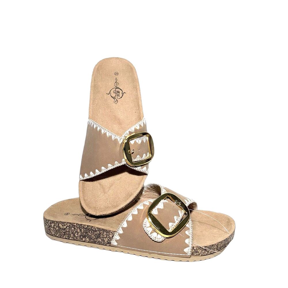 NWT Sole Mates Tan Faux Suede Gold tone Buckle Slip On Slides Sandals Women’s W7